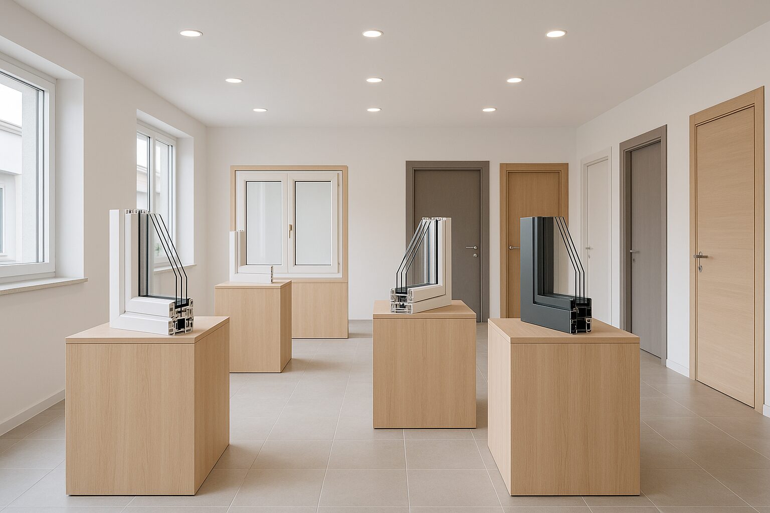 Showroom di serramenti con isole espositive